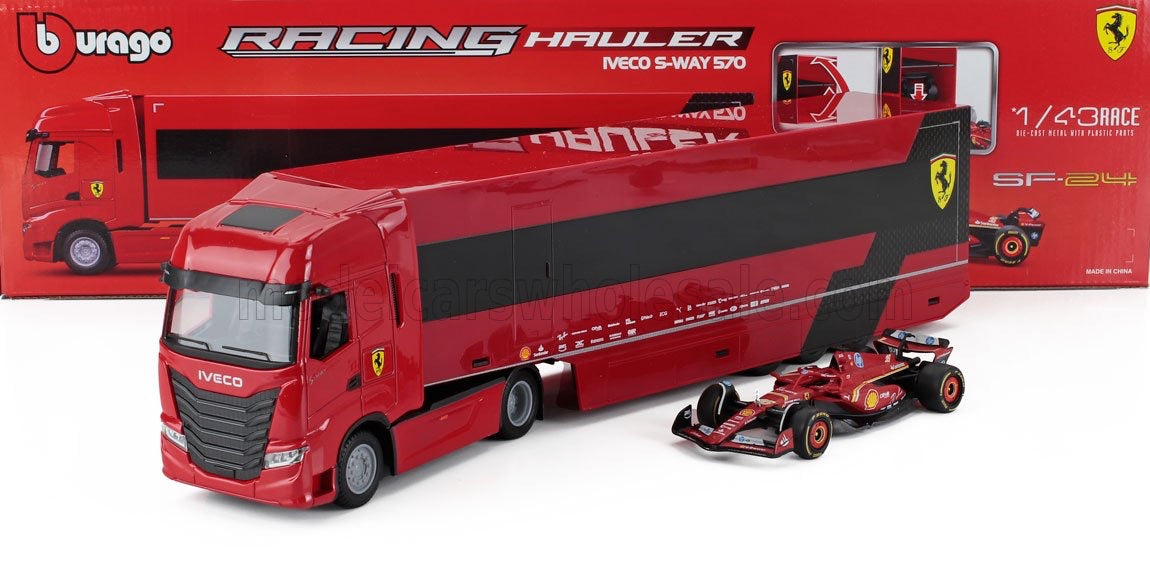 BURAGO - 1/43 - Ferrari IVECO FIAT - SET TRUCK S-WAY 570 TRUCK CAR TRANSPORTER WITH F1 SF-23 N 16 SEASON 2023 CHARLES LECLERC