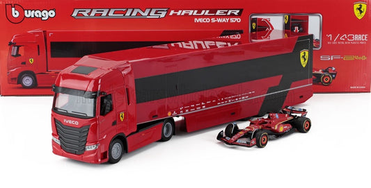 BURAGO - 1/43 - Ferrari IVECO FIAT - SET TRUCK S-WAY 570 TRUCK CAR TRANSPORTER WITH F1 SF-23 N 16 SEASON 2023 CHARLES LECLERC