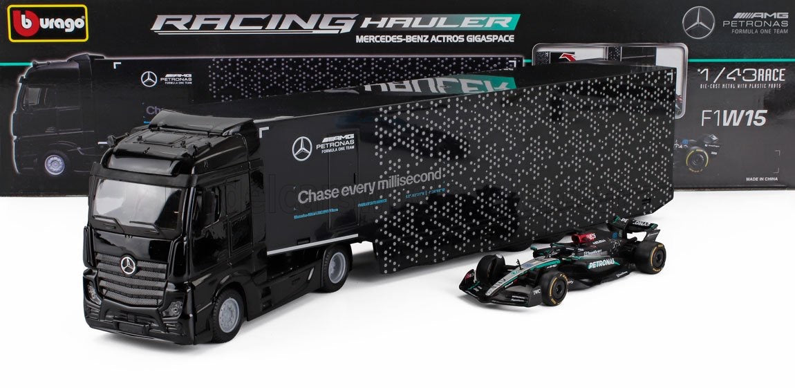 BURAGO - 1/43 - MERCEDES BENZ - ACTROS 2 GIGASPACE TRUCK CAR TRANSPORTER WITH F1 MERCEDES GP W14 TEAM MERCEDES-AMG PETRONAS FORMULA ONE N 63 SEASON 2023 GEORGE RUSSELL