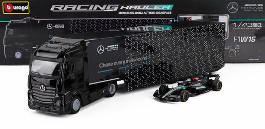 BURAGO - 1/43 - MERCEDES BENZ - ACTROS 2 GIGASPACE TRUCK CAR TRANSPORTER WITH F1 MERCEDES GP W14 TEAM MERCEDES-AMG PETRONAS FORMULA ONE N 63 SEASON 2023 GEORGE RUSSELL