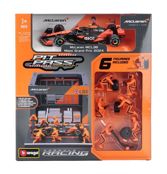 BURAGO - 1/43 - McLAREN - F1 MCL38 DIORAMA GARAGE PIT-STOP TEAM MCLAREN N 4 SEASON 2024 LANDO NORRIS WITH CREW FIGURE AND ACCESSORIES