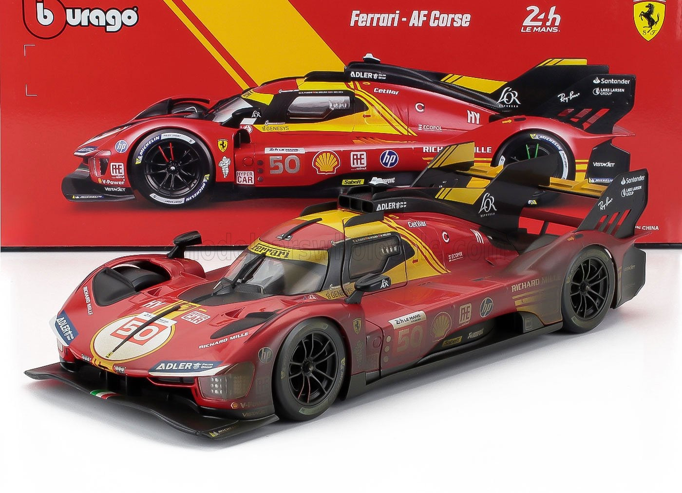 1/18 Burago Signature Die-Cast FERRARI - 499P 3.0L TURBO V6 TEAM FERRARI AF CORSE N 50 WINNER 24h LE MANS (AFTER RACE VERSION) 2024 ANTONIO FUOCO - MIGUEL MOLINA - NICKLAS NIELSEN