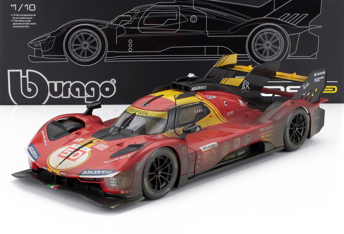 1/18 Burago Signature Die-Cast FERRARI - WITH SHOWCASE - 499P 3.0L TURBO V6 TEAM FERRARI AF CORSE N 50 WINNER 24h LE MANS (AFTER RACE VERSION) 2024 ANTONIO FUOCO - MIGUEL MOLINA - NICKLAS NIELSEN