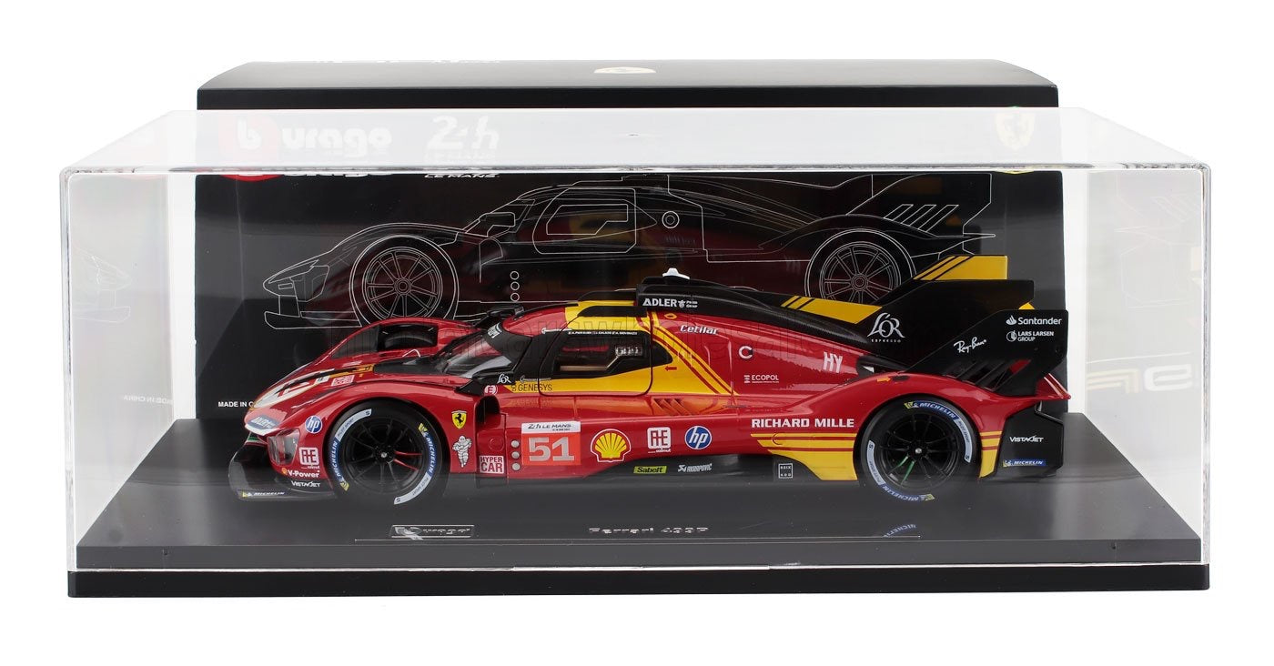 1/18 Burago Signature Die-Cast FERRARI - 499P 3.0L TURBO V6 TEAM FERRARI AF CORSE N 51 3rd 24h LE MANS 2024 ALESSANDRO PIER GUIDI - JAMES CALADO - ANTONIO GIOVINAZZI - CON VETRINA - WITH SHOWCASE