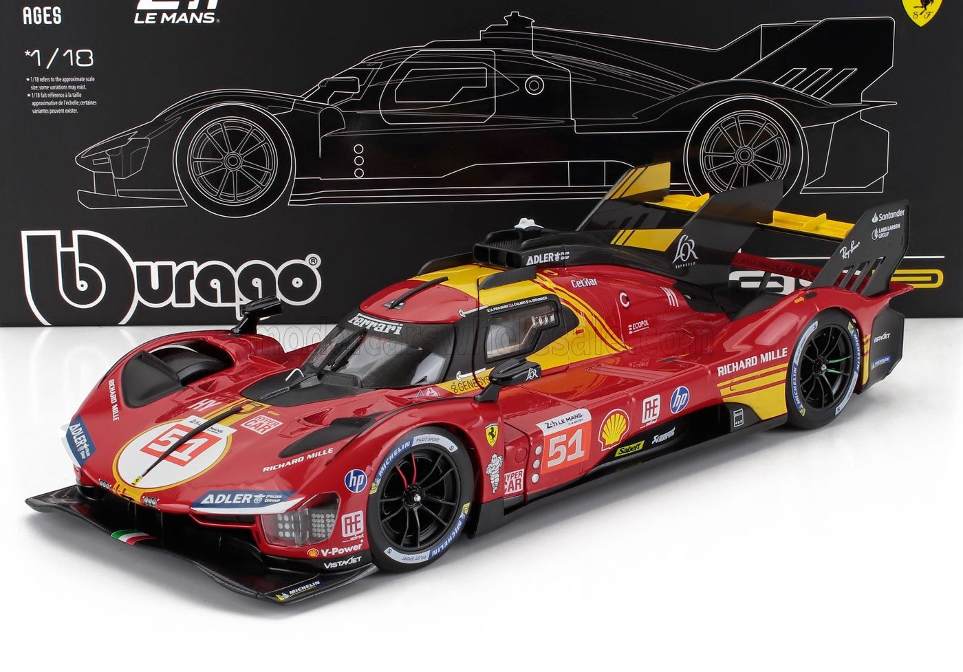 1/18 Burago Signature Die-Cast FERRARI - 499P 3.0L TURBO V6 TEAM FERRARI AF CORSE N 51 3rd 24h LE MANS 2024 ALESSANDRO PIER GUIDI - JAMES CALADO - ANTONIO GIOVINAZZI - CON VETRINA - WITH SHOWCASE