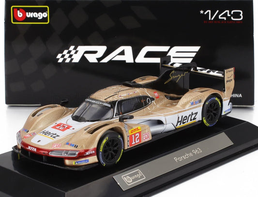 Burago 1/43 Signature PORSCHE - 963 9RD 4.6L TURBO V8 TEAM HERTZ JOTA N 12 24h LE MANS 2024 WILL STEVENS - NORMAN NATO - CALLUM ILOTT - WHITE GOLD w/ CASE