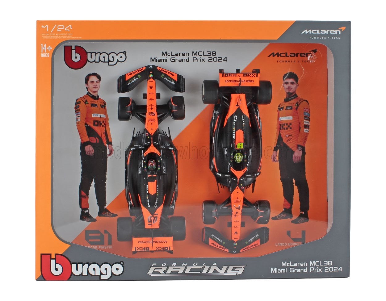 1/24 BURAGO McLAREN - SET F1 2X MCL38 TEAM MCLAREN N 4 SEASON 2024 LANDO NORRIS + N 81 OSCAR PIASTRI - w/ Drivers