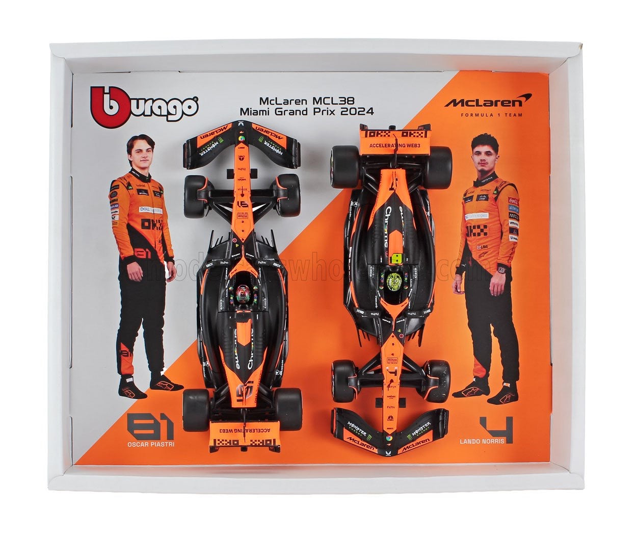 1/24 BURAGO McLAREN - SET F1 2X MCL38 TEAM MCLAREN N 4 SEASON 2024 LANDO NORRIS + N 81 OSCAR PIASTRI - w/ Drivers