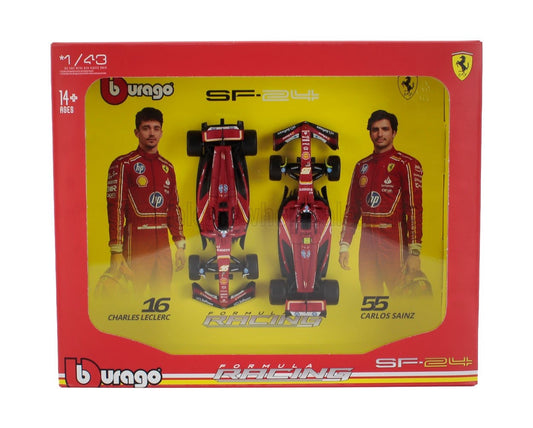 1/43 BURAGO FERRARI - SET F1 2X SF-24 TEAM SCUDERIA FERRARI N 16 SEASON 2024 CHARLES LECLERC + N 55 CARLOS SAINZ - RED BLACK