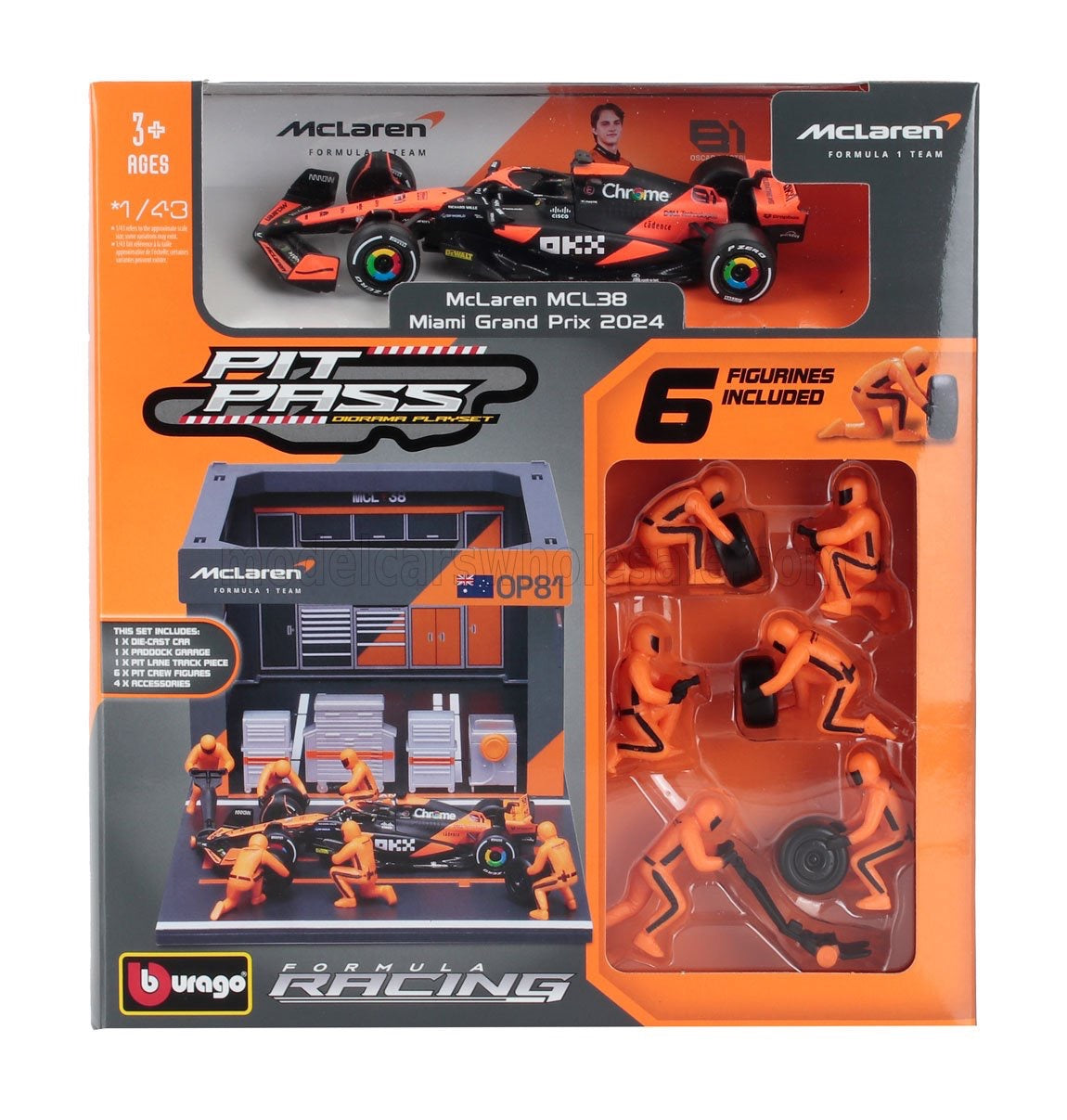 BURAGO - 1/43 - McLAREN - F1 MCL38 DIORAMA GARAGE PIT-STOP TEAM MCLAREN N 81 SEASON 2024 OSCAR PIASTRI WITH CREW FIGURE AND ACCESSORIES