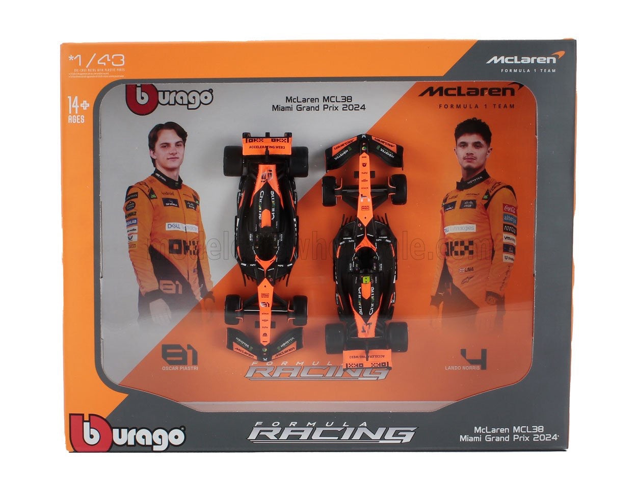 1/43 BURAGO McLAREN - SET F1 2X MCL38 TEAM MCLAREN N 4 WINNER MIAMI GP 2024 FIRST F1 VICTORY LANDO NORRIS + N 81 OSCAR PIASTRI - ORANGE BLACK
