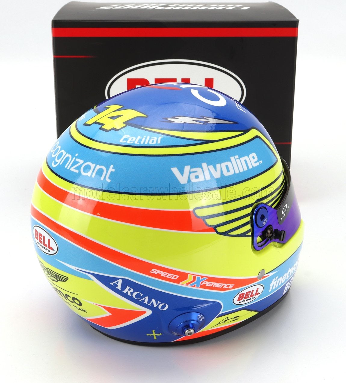 1/2 MINI HELMET BELL HELMET - CASCO HELMET F1 FERNANDO ALONSO TEAM ASTON MARTIN ARAMCO COGNIZANT N 14 SEASON 2024 - YELLOW BLUE