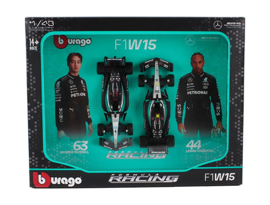 1/43 BURAGO MERCEDES GP - SET F1 2X W15 TEAM MERCEDES-AMG PETRONAS FORMULA ONE N 44 SEASON 2024 LEWIS HAMILTON + N 63 GEORGE RUSSELL - BLACK SILVER GREEN