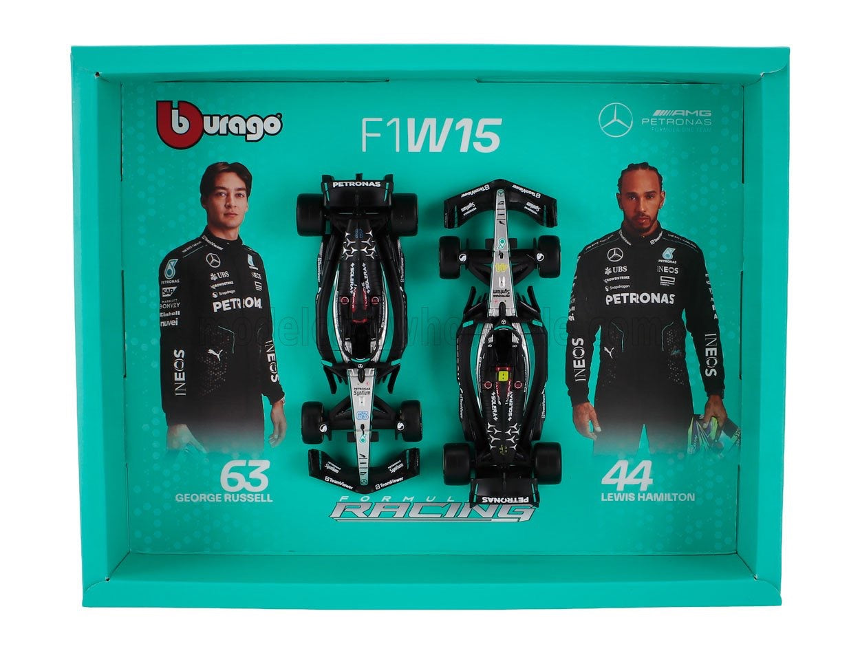 1/43 BURAGO MERCEDES GP - SET F1 2X W15 TEAM MERCEDES-AMG PETRONAS FORMULA ONE N 44 SEASON 2024 LEWIS HAMILTON + N 63 GEORGE RUSSELL - BLACK SILVER GREEN