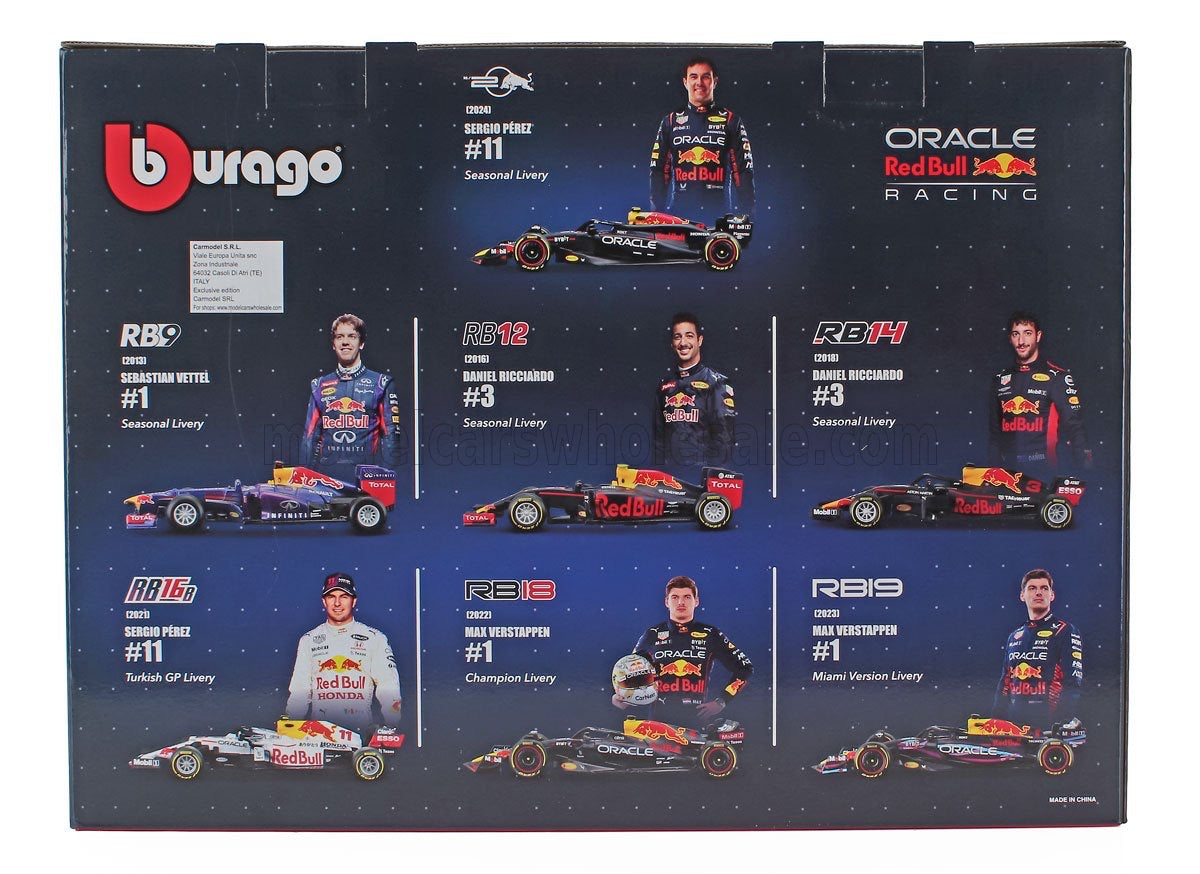 1/43 BURAGO RED BULL - SET F1 7X RB9 N 1 WORLD CHAMPION 2013 SEBASTIAN VETTEL - RB11 N 3 2015 - RB12 N 3 2016 DANIEL RICCIARDO - RB16B N 33 TURKISH GP 2021 MAX VERSTAPPEN - 2X RB19 N 11 2023 SERGIO PEREZ - RB20 N 1 WORLD CHAMPION 2024 MAX VERSTAPPEN