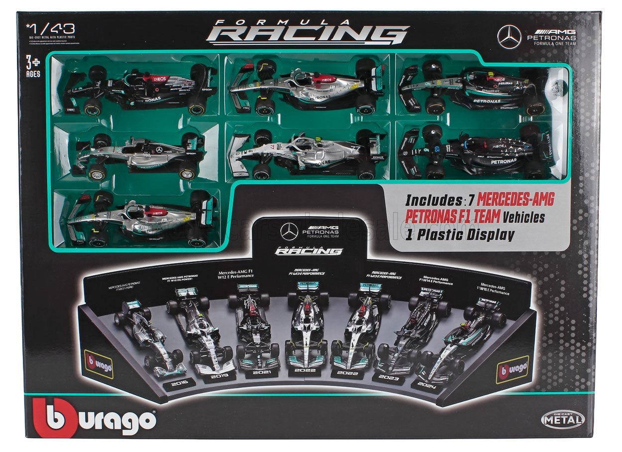 1/43 BURAGO MERCEDES GP - SET F1 7X W05 N 6 2014 NICO ROSBERG - W07 N 44 WORLD CHAMPION 2016 LEWIS HAMILTON - W10 N 77 2019 VALTTERI BOTTAS - W12 N 44 2021 - W13 N 44 2022 - W14 N 63 2023 GEORGE RUSSELL - W15 N 44 2024