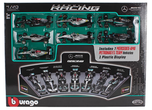1/43 BURAGO MERCEDES GP - SET F1 7X W05 N 6 2014 NICO ROSBERG - W07 N 44 WORLD CHAMPION 2016 LEWIS HAMILTON - W10 N 77 2019 VALTTERI BOTTAS - W12 N 44 2021 - W13 N 44 2022 - W14 N 63 2023 GEORGE RUSSELL - W15 N 44 2024