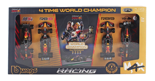 BURAGO 1/43 RED BULL - SET F1 4X - 4 TIME WORLD CHAMPION - RB16B N 33 SEASON 2021 - RB18 N 1 SEASON 2022 - RB19 N 1 SEASON 2023 - RB20 N 1 SEASON 2024 MAX VERSTAPPEN