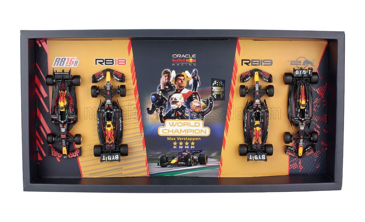 BURAGO 1/43 RED BULL - SET F1 4X - 4 TIME WORLD CHAMPION - RB16B N 33 SEASON 2021 - RB18 N 1 SEASON 2022 - RB19 N 1 SEASON 2023 - RB20 N 1 SEASON 2024 MAX VERSTAPPEN