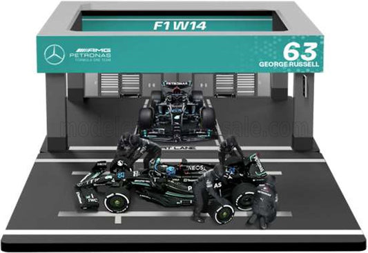 BURAGO 1/43 MERCEDES GP - F1 W14 EQ PERFORMANCE DIORAMA GARAGE PIT-STOP TEAM AMG PETRONAS MOTORSPORT N 63 SEASON 2023 GEORGE RUSSELL WITH CREW FIGURE AND ACCESSORIES