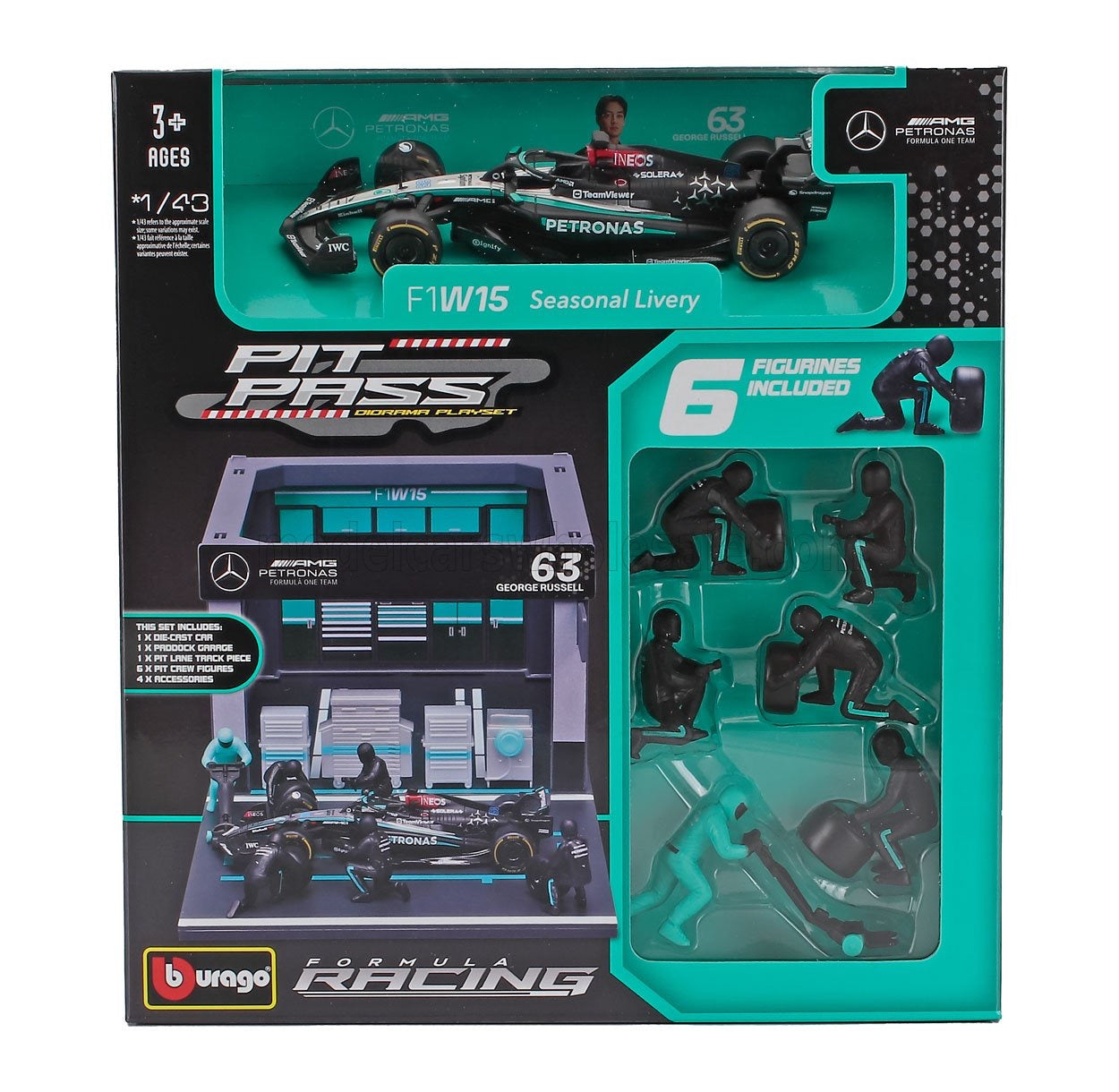 BURAGO 1/43 MERCEDES GP - F1 W14 EQ PERFORMANCE DIORAMA GARAGE PIT-STOP TEAM AMG PETRONAS MOTORSPORT N 63 SEASON 2023 GEORGE RUSSELL WITH CREW FIGURE AND ACCESSORIES
