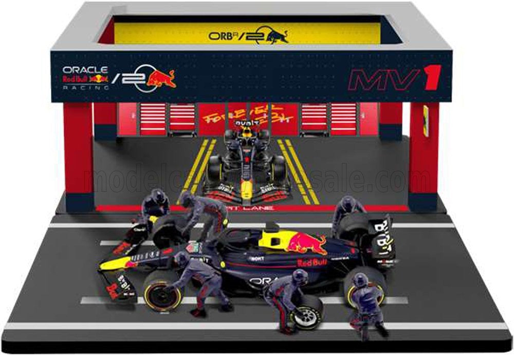 BURAGO - 1/43 - RED BULL - F1 RB19 DIORAMA GARAGE PIT-STOP TEAM ORACLE RED BULL RACING N 1 WORLD CHAMPION SEASON 2023 MAX VERSTAPPEN WITH CREW FIGURE AND ACCESSORIES