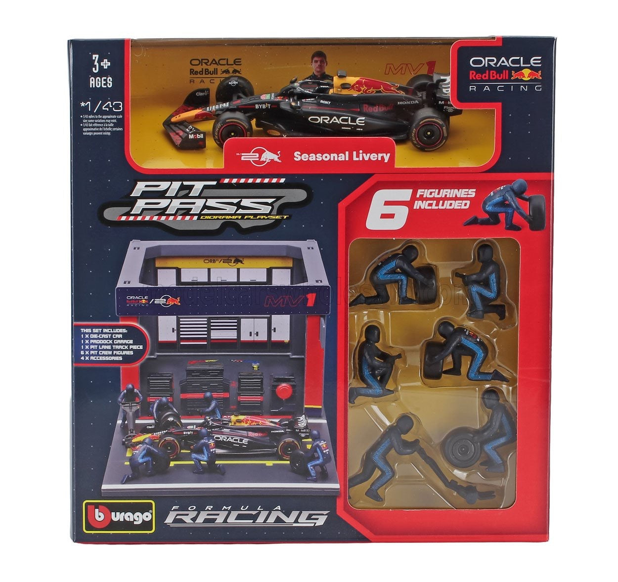 BURAGO - 1/43 - RED BULL - F1 RB19 DIORAMA GARAGE PIT-STOP TEAM ORACLE RED BULL RACING N 1 WORLD CHAMPION SEASON 2023 MAX VERSTAPPEN WITH CREW FIGURE AND ACCESSORIES