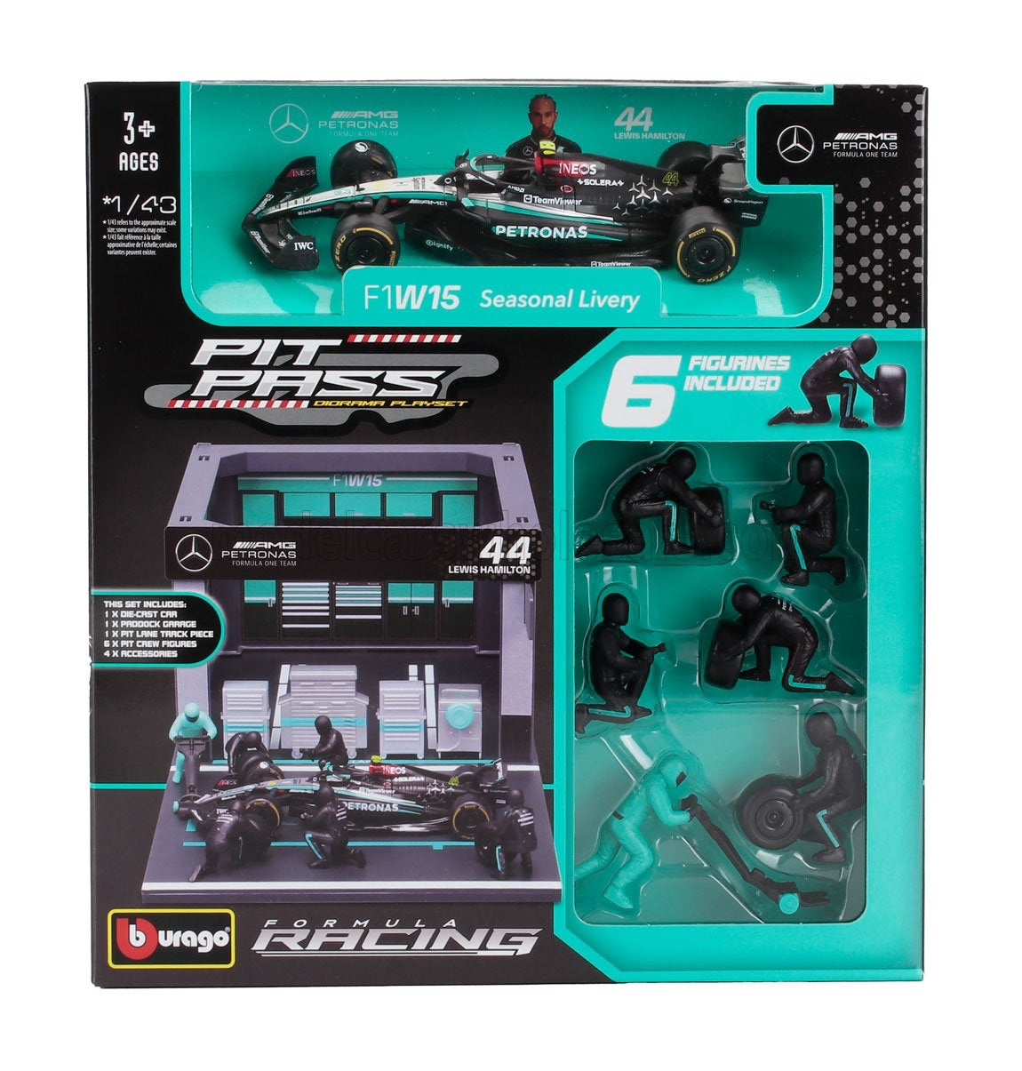 BURAGO - 1/43 - MERCEDES GP - F1 W14 EQ PERFORMANCE DIORAMA GARAGE PIT-STOP TEAM AMG PETRONAS MOTORSPORT N 44 SEASON 2023 LEWIS HAMILTON WITH CREW FIGURE AND ACCESSORIES