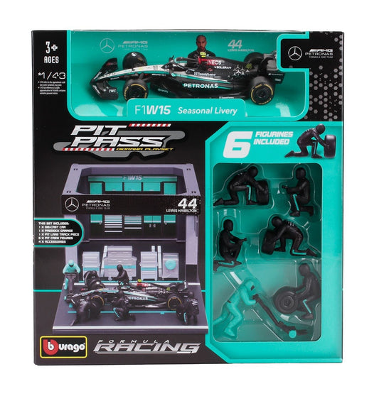 BURAGO - 1/43 - MERCEDES GP - F1 W14 EQ PERFORMANCE DIORAMA GARAGE PIT-STOP TEAM AMG PETRONAS MOTORSPORT N 44 SEASON 2023 LEWIS HAMILTON WITH CREW FIGURE AND ACCESSORIES