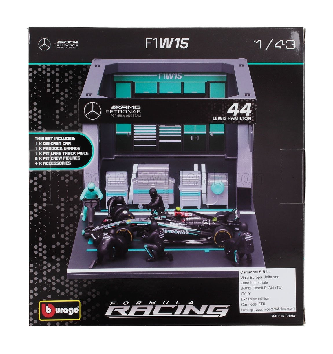 BURAGO - 1/43 - MERCEDES GP - F1 W14 EQ PERFORMANCE DIORAMA GARAGE PIT-STOP TEAM AMG PETRONAS MOTORSPORT N 44 SEASON 2023 LEWIS HAMILTON WITH CREW FIGURE AND ACCESSORIES