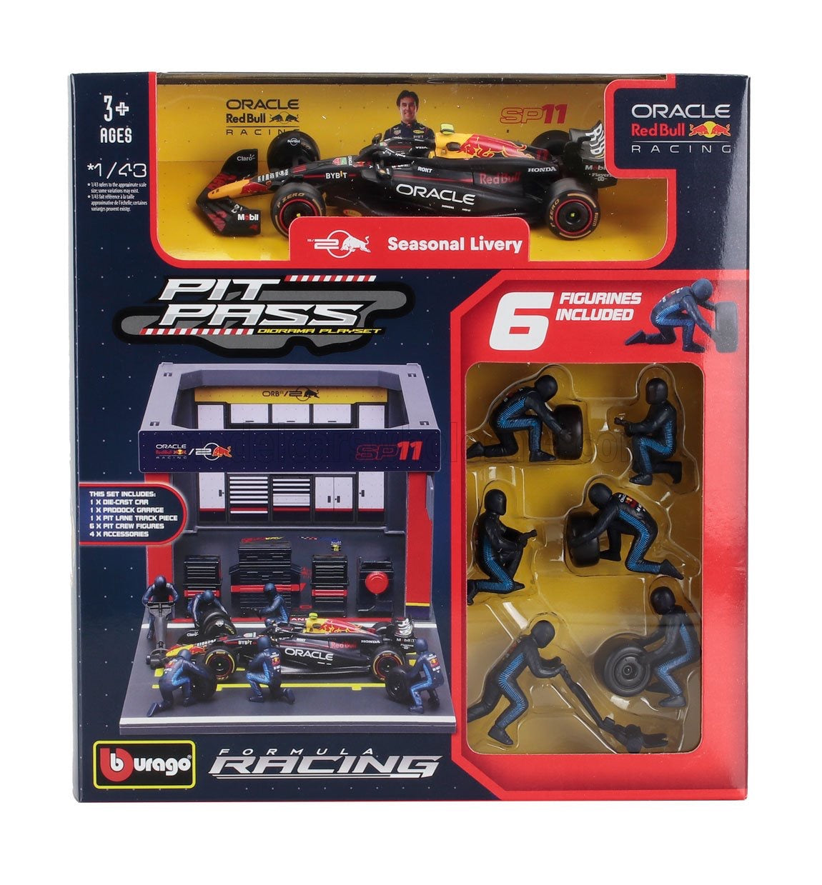 BURAGO - 1/43 - RED BULL - F1 RB19 DIORAMA GARAGE PIT-STOP TEAM ORACLE RED BULL RACING N 11 SEASON 2023 SERGIO PEREZ WITH CREW FIGURE AND ACCESSORIES