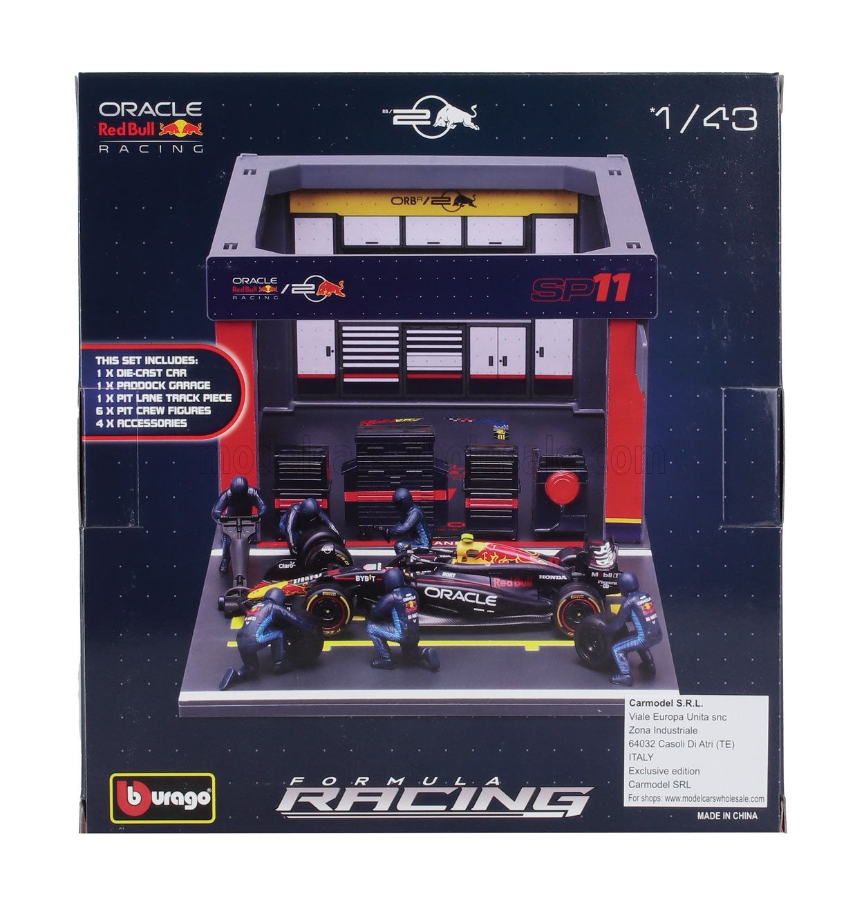 BURAGO - 1/43 - RED BULL - F1 RB19 DIORAMA GARAGE PIT-STOP TEAM ORACLE RED BULL RACING N 11 SEASON 2023 SERGIO PEREZ WITH CREW FIGURE AND ACCESSORIES