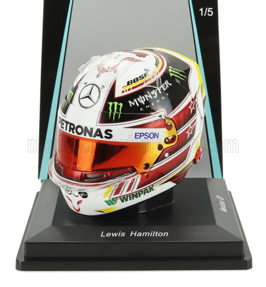 1/5 SPARK-MODEL BELL HELMET - CASCO HELMET F1 LEWIS HAMILTON WORLD CHAMPION TEAM AMG PETRONAS W09 N 44 4th MEXICO GP 2018 - WHITE BLACK RED