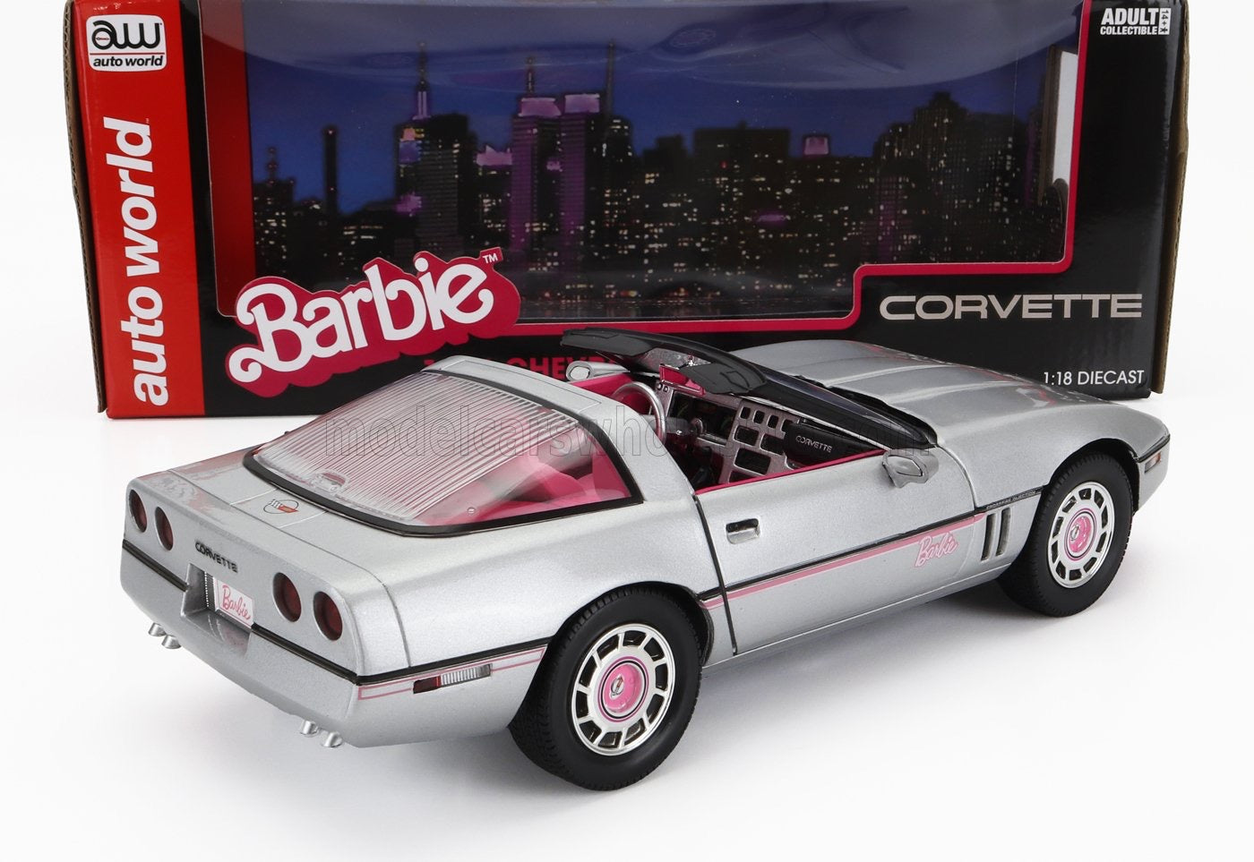 1/18 AUTOWORLD CHEVROLET - CORVETTE SPIDER OPEN 1986 - BARBIE MOVIE- SILVER PINK - HITMAN GREY LIMITED EDITION