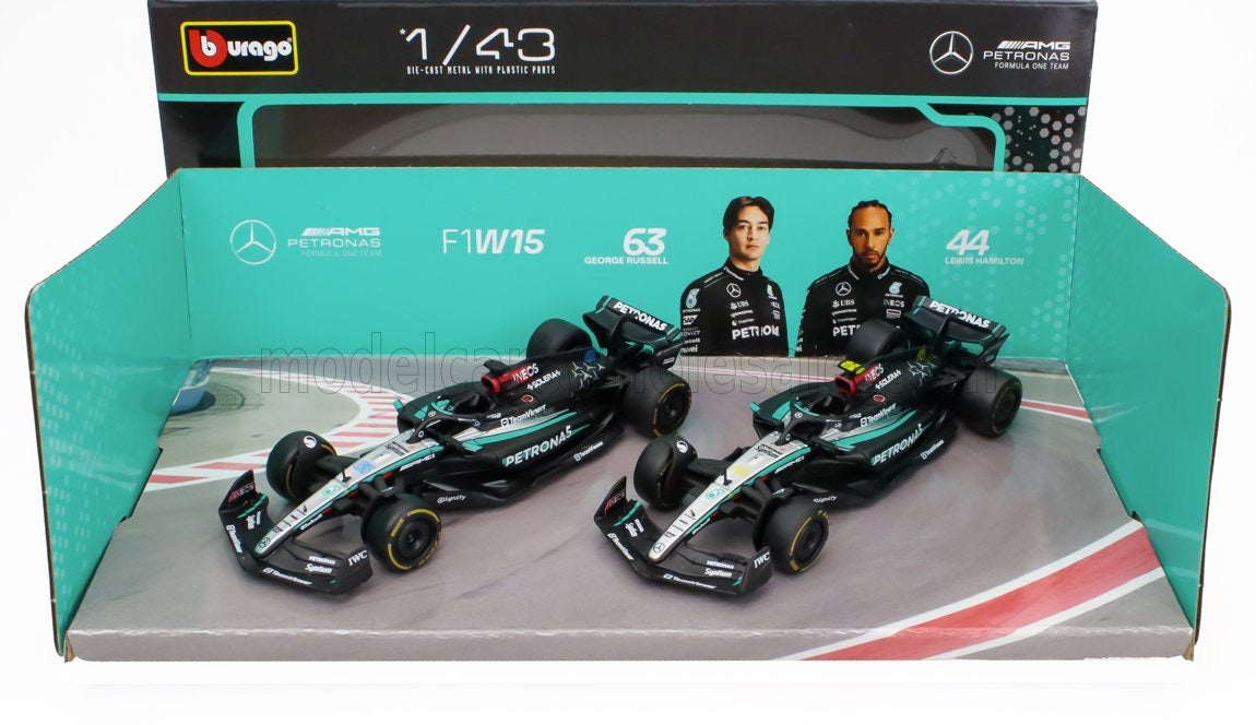 1/43 BURAGO MERCEDES GP - SET F1 2X W15 EQ PERFORMANCE TEAM AMG PETRONAS MOTORSPORT N 44 SEASON 2024 LEWIS HAMILTON + N 63 SEASON 2024 GEORGE RUSSELL