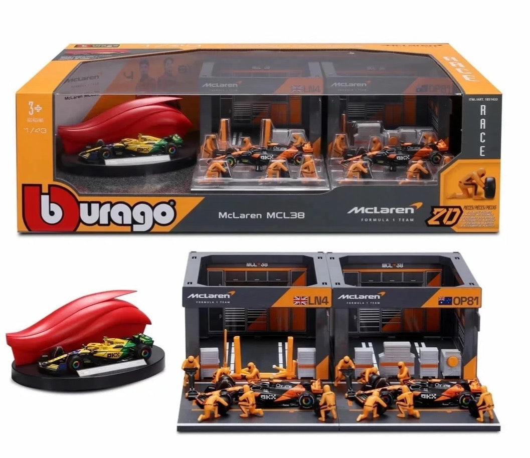 BURAGO 1/43 MCLAREN - F1 MCL38 DIORAMA GARAGE PIT-STOP TEAM MCLAREN F1 RACING 20 PCS CREW FIGURE AND ACCESSORIES SPECIAL SET!