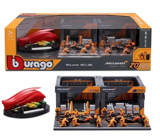 BURAGO 1/43 MCLAREN - F1 MCL38 DIORAMA GARAGE PIT-STOP TEAM MCLAREN F1 RACING 20 PCS CREW FIGURE AND ACCESSORIES SPECIAL SET!