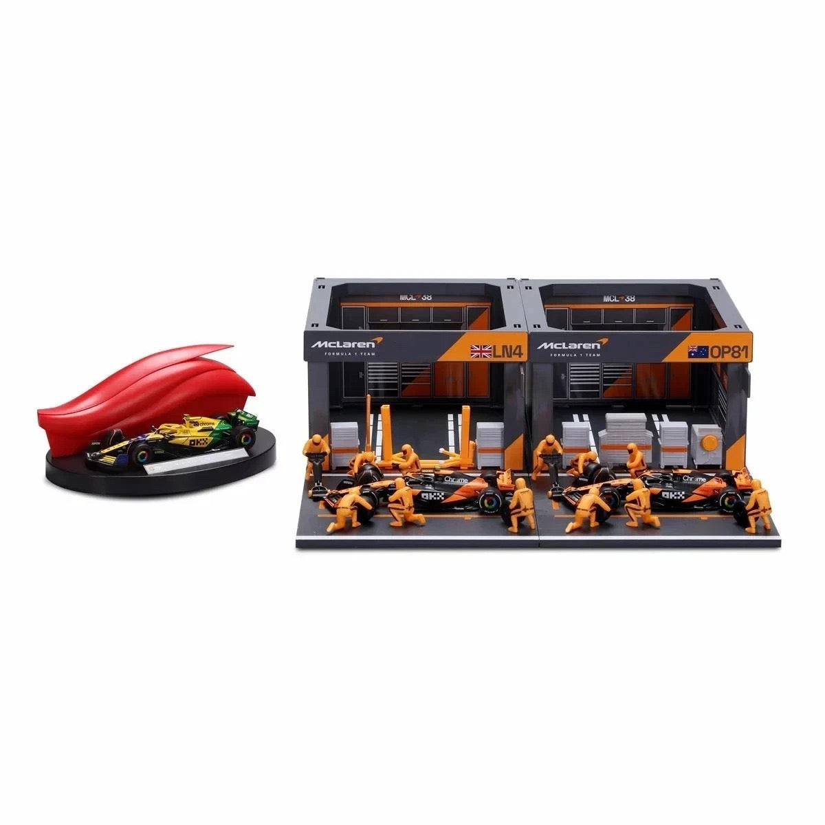 BURAGO 1/43 MCLAREN - F1 MCL38 DIORAMA GARAGE PIT-STOP TEAM MCLAREN F1 RACING 20 PCS CREW FIGURE AND ACCESSORIES SPECIAL SET!