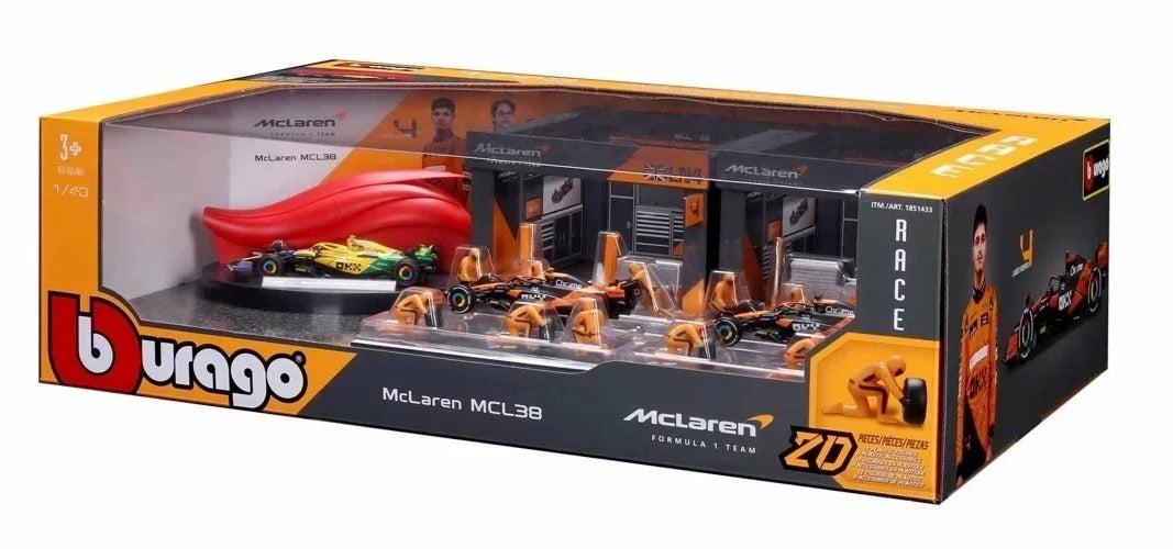 BURAGO 1/43 MCLAREN - F1 MCL38 DIORAMA GARAGE PIT-STOP TEAM MCLAREN F1 RACING 20 PCS CREW FIGURE AND ACCESSORIES SPECIAL SET!