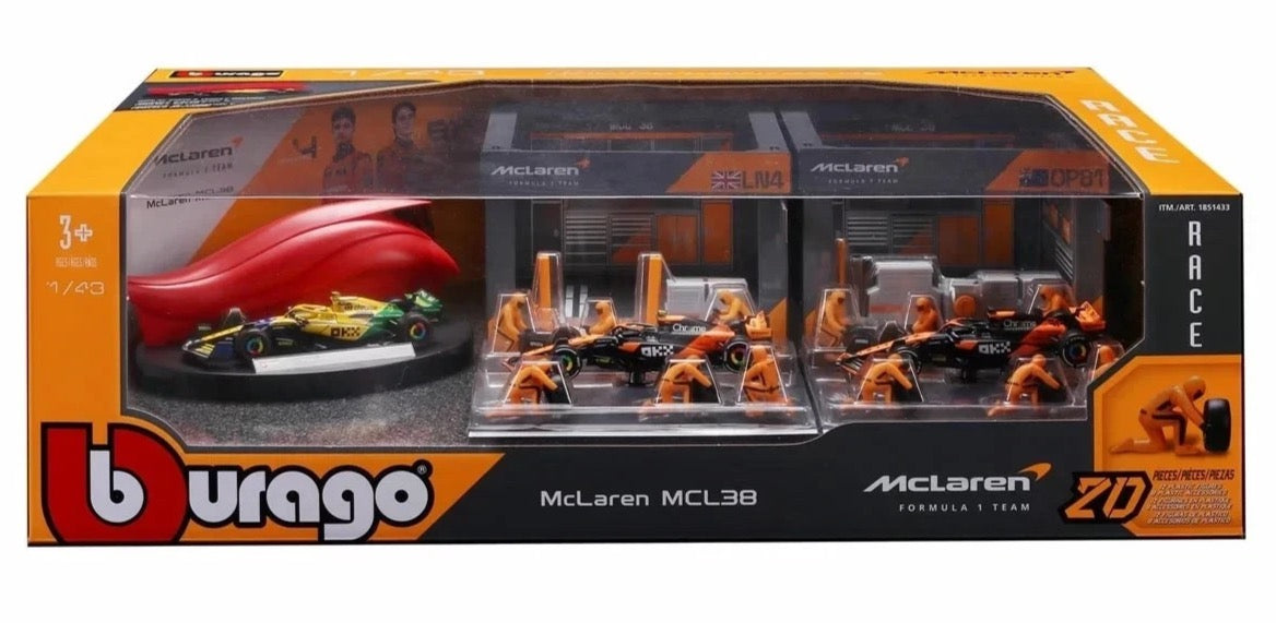 BURAGO 1/43 MCLAREN - F1 MCL38 DIORAMA GARAGE PIT-STOP TEAM MCLAREN F1 RACING 20 PCS CREW FIGURE AND ACCESSORIES SPECIAL SET!