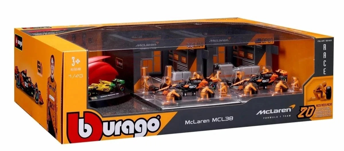 BURAGO 1/43 MCLAREN - F1 MCL38 DIORAMA GARAGE PIT-STOP TEAM MCLAREN F1 RACING 20 PCS CREW FIGURE AND ACCESSORIES SPECIAL SET!