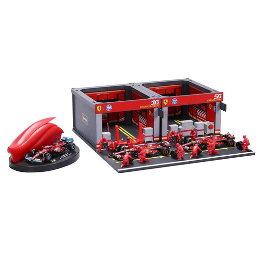 BURAGO 1/43 FERRARI - F1 SF-24 DIORAMA GARAGE PIT-STOP TEAM SCUDERIA FERRARI RACING 20 PCS CREW FIGURE AND ACCESSORIES SPECIAL SET!