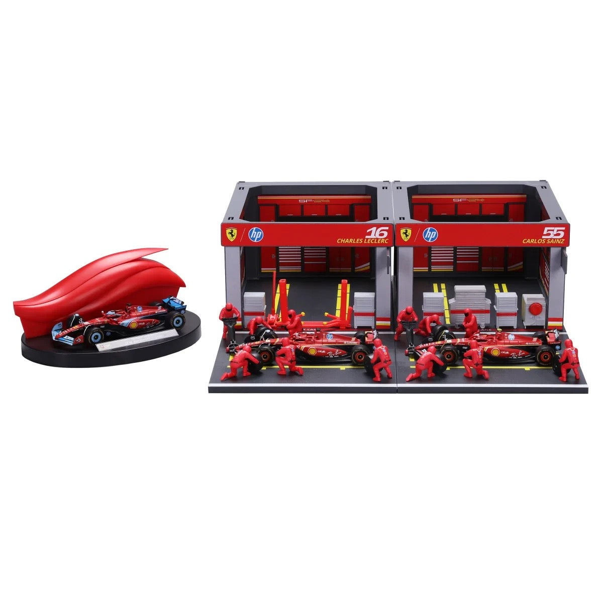 BURAGO 1/43 FERRARI - F1 SF-24 DIORAMA GARAGE PIT-STOP TEAM SCUDERIA FERRARI RACING 20 PCS CREW FIGURE AND ACCESSORIES SPECIAL SET!