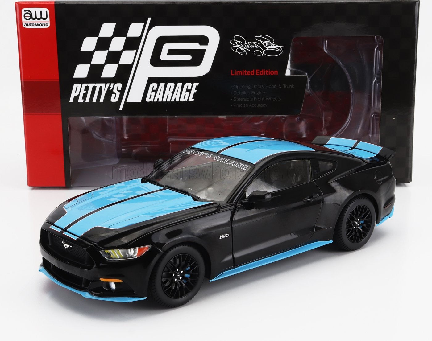 1/18 AUTOWORLD FORD USA - MUSTANG 5.0 GT COUPE CUSTOM PETTY'S GARAGE 2015 - BLACK BLUE LIMITED EDITION