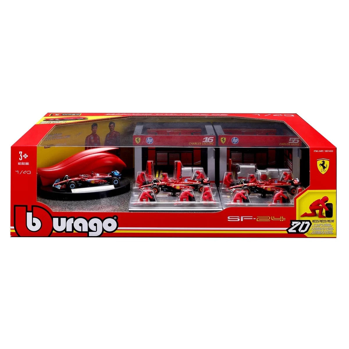 BURAGO 1/43 FERRARI - F1 SF-24 DIORAMA GARAGE PIT-STOP TEAM SCUDERIA FERRARI RACING 20 PCS CREW FIGURE AND ACCESSORIES SPECIAL SET!