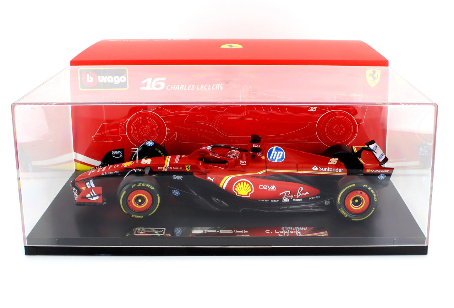 1/18 BURAGO DE LUXE FERRARI - F1 SF-24 TEAM SCUDERIA FERRARI N 16 4th EMILIA ROMAGNA IMOLA GP 2024 CHARLES LECLERC WITH SHOWCASE - RED BLACK