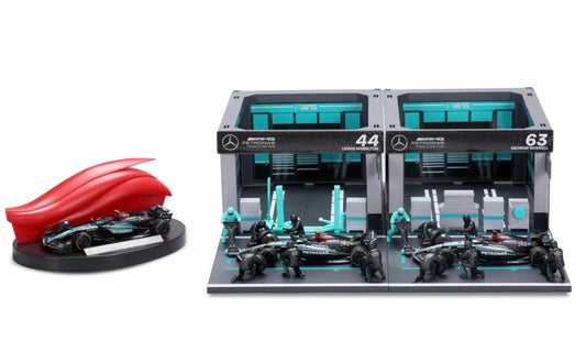BURAGO 1/43 AMG MERCEDES - F1 W15 DIORAMA GARAGE PIT-STOP TEAM AMG PETRONAS F1 RACING 20 PCS CREW FIGURE AND ACCESSORIES SPECIAL SET!