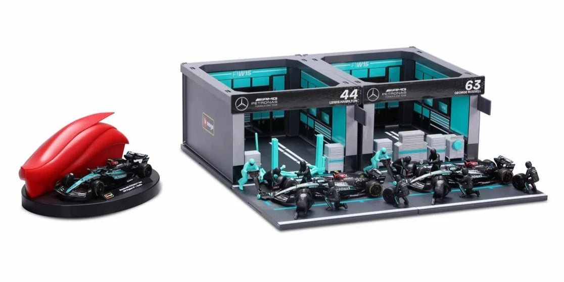 BURAGO 1/43 AMG MERCEDES - F1 W15 DIORAMA GARAGE PIT-STOP TEAM AMG PETRONAS F1 RACING 20 PCS CREW FIGURE AND ACCESSORIES SPECIAL SET!