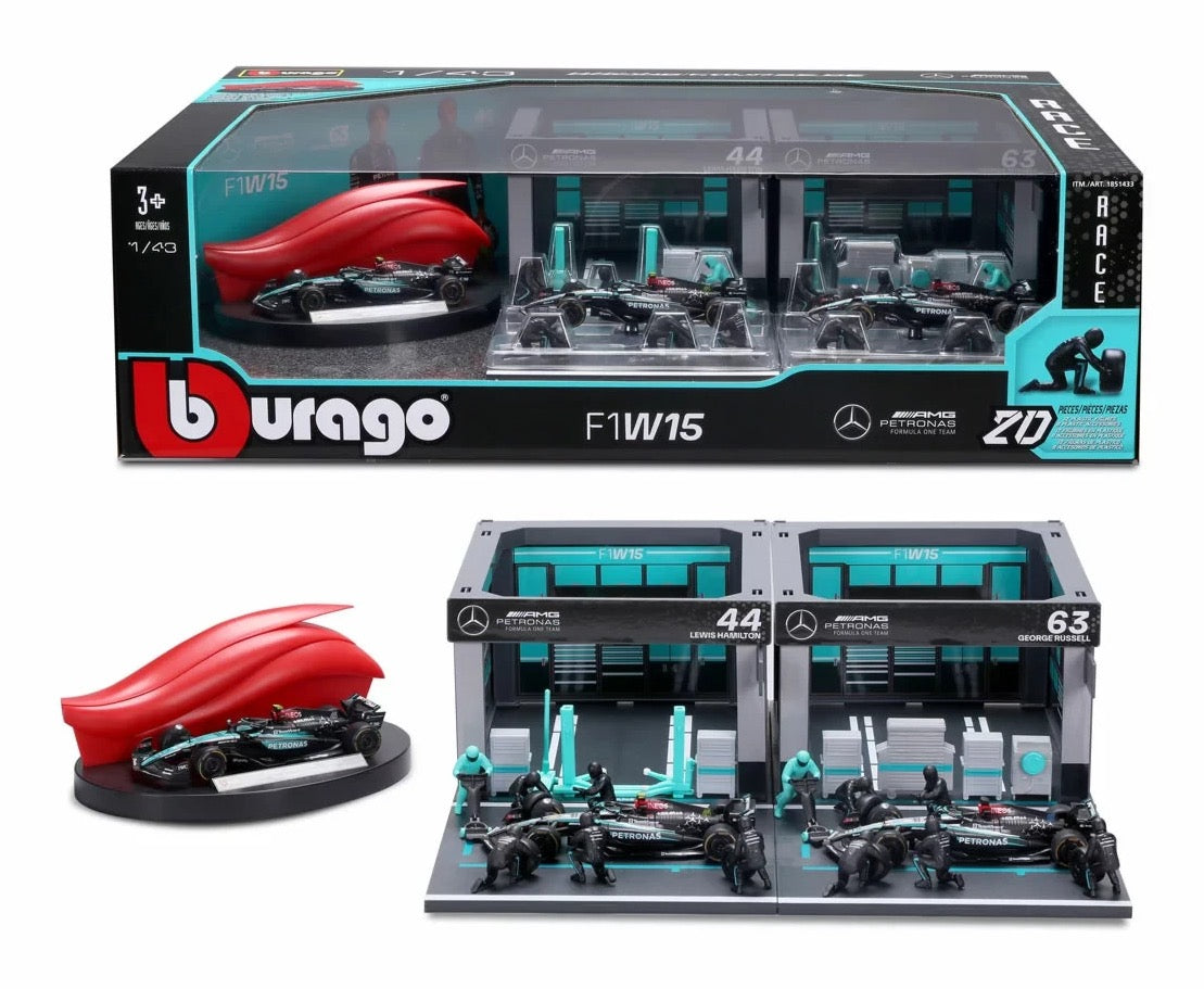BURAGO 1/43 AMG MERCEDES - F1 W15 DIORAMA GARAGE PIT-STOP TEAM AMG PETRONAS F1 RACING 20 PCS CREW FIGURE AND ACCESSORIES SPECIAL SET!