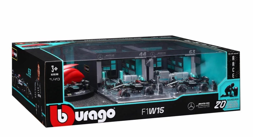 BURAGO 1/43 AMG MERCEDES - F1 W15 DIORAMA GARAGE PIT-STOP TEAM AMG PETRONAS F1 RACING 20 PCS CREW FIGURE AND ACCESSORIES SPECIAL SET!